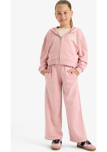 Kız Çocuk 2'li Takım Baskılı Kapüşonlu Fermuarlı Sweatshirt Eşofman Altı E6417A825AU