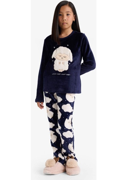 Kız Çocuk Pijama Takımı Pelüş Baskılı Uzun Kollu Üst Desenli Uzun Alt D1083A825WN