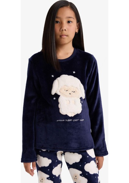Kız Çocuk Pijama Takımı Pelüş Baskılı Uzun Kollu Üst Desenli Uzun Alt D1083A825WN