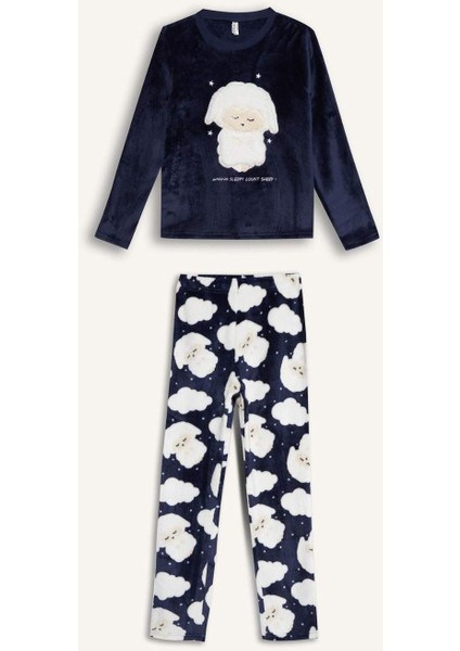 Kız Çocuk Pijama Takımı Pelüş Baskılı Uzun Kollu Üst Desenli Uzun Alt D1083A825WN
