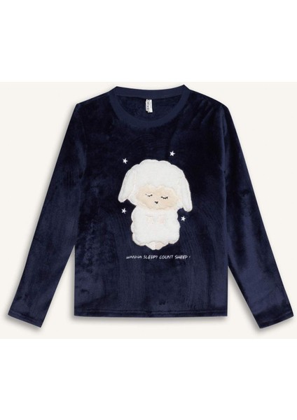 Kız Çocuk Pijama Takımı Pelüş Baskılı Uzun Kollu Üst Desenli Uzun Alt D1083A825WN