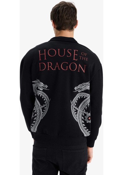 House Of The Dragon Boxy Fit Dik Yaka Fermuarlı Sırt Baskılı Sweatshirt
