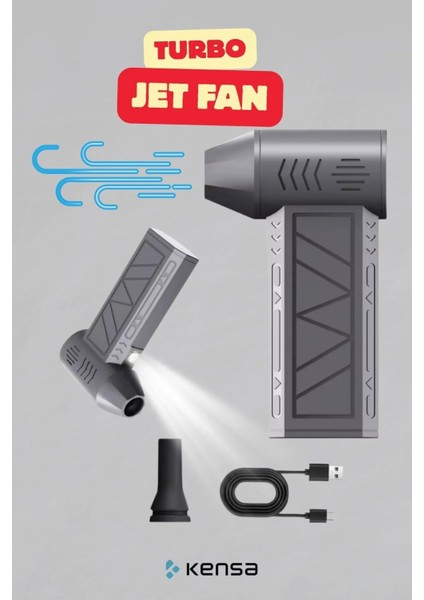 Turbo Mini Hava Üfleyici Jet Fan – 3 Kademeli Güçlü Üfleme, Toz Temizleme, Mangal, LED Işıklı