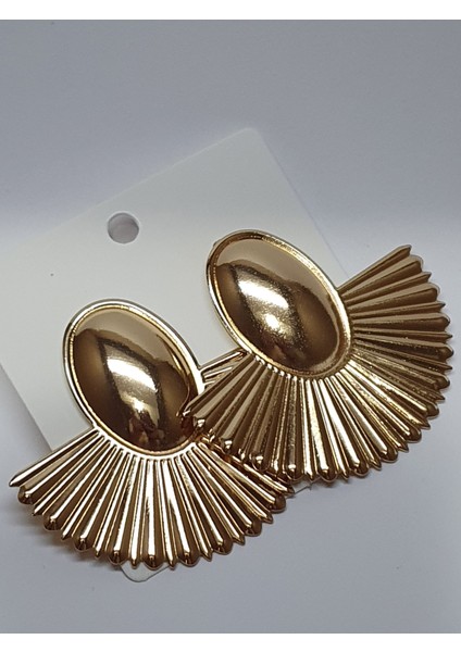 Art Deco Esintili Parlak Altın Renkli Yelpaze Küpe