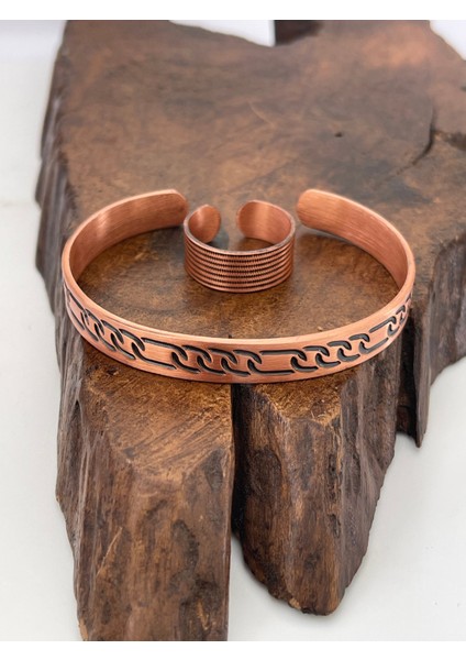 Ayarlanabilir %100 Saf Bakır Bileklik Bakır Yüzük Kombini El Yapımı Bileklik Yüzük