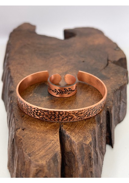 Ayarlanabilir %100 Saf Bakır Bileklik Bakır Yüzük Kombini El Yapımı Bileklik Yüzük