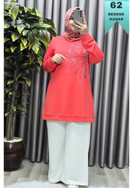 Kadın Giyim Büyük Beden Modal Taşlı Çiçekli Tunik