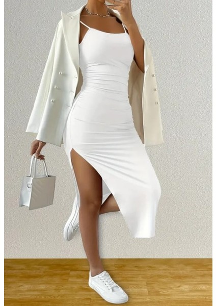 Askılı Yırtmaçlı Uzun Gece Elbisesi Mezuniyet Elbisesi