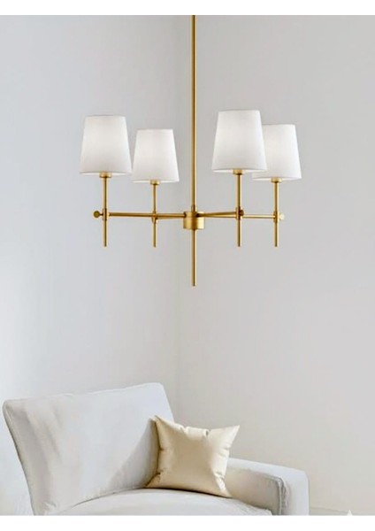 Modern Tasarım Eskitme Avize 4 Kollu Krem Abajur Salon Oturma Odası Avizesi