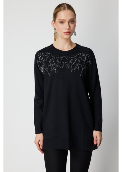 Kadın Önü Zincirli Desenli Uzun Triko Kazak 65387 Siyah