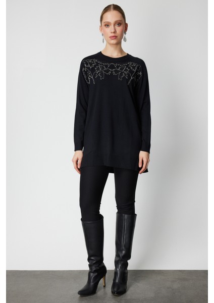 Kadın Önü Zincirli Desenli Uzun Triko Kazak 65387 Siyah modelleri