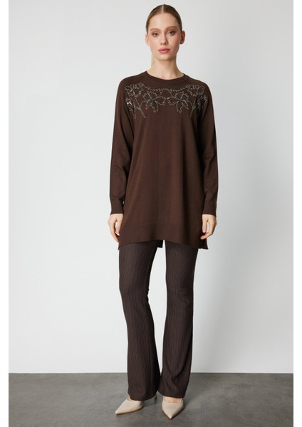 Kadın Önü Zincirli Desenli Uzun Triko Kazak 65387 Kahverengi modelleri