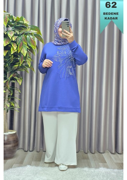 Kadın Giyim Büyük Beden Modal Taşlı Çiçekli Tunik