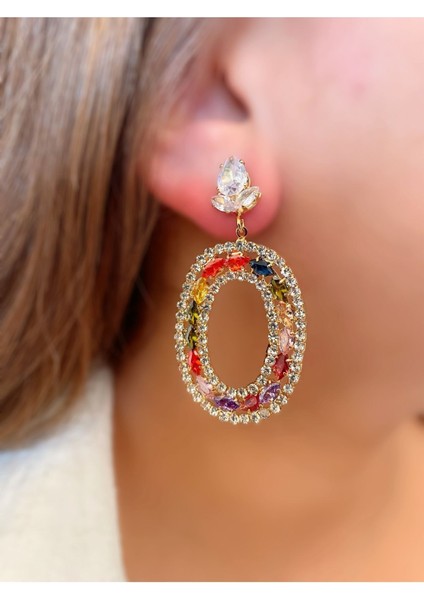 Set.up Komple Taşlarla Işlenmiş Renkli Sallantılı Küpe