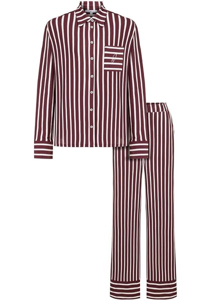 %100 Pamuklu Çizgili Gömlek Pijama Takımı / Bordo