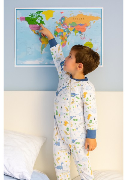 2-9 Yaş 2.5 Tog %100 Pamuk Astarlı Elyaf Dolgulu Çocuk Uyku Tulumu Mavi Dino 23504