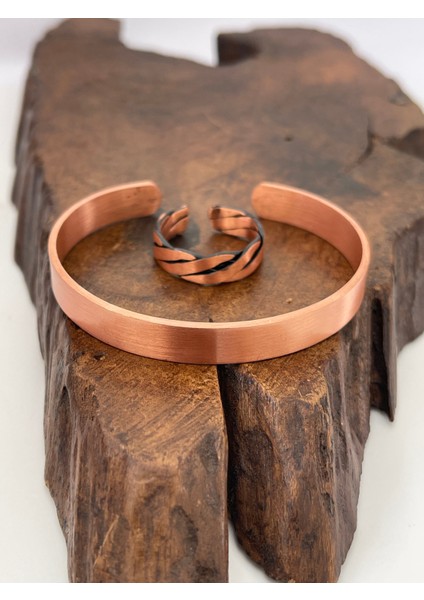 Ayarlanabilir %100 Saf Bakır Bileklik Bakır Yüzük Kombini El Yapımı Bileklik Yüzük