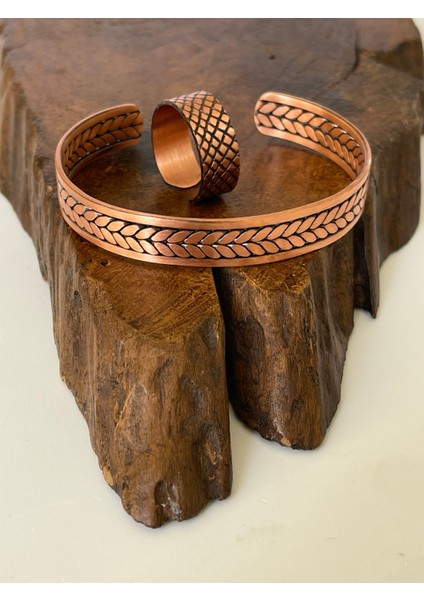 Ayarlanabilir %100 Saf Bakır Bileklik Bakır Yüzük Kombini El Yapımı Bileklik Yüzük