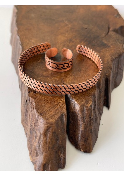Ayarlanabilir %100 Saf Bakır Bileklik Bakır Yüzük Kombini El Yapımı Bileklik Yüzük