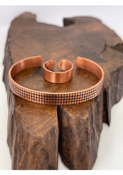 Ayarlanabilir %100 Saf Bakır Bileklik Bakır Yüzük Kombini El Yapımı Bileklik Yüzük