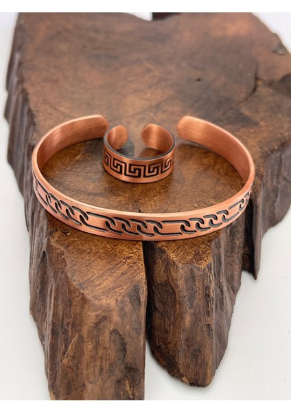 Ayarlanabilir %100 Saf Bakır Bileklik Bakır Yüzük Kombini El Yapımı Bileklik Yüzük