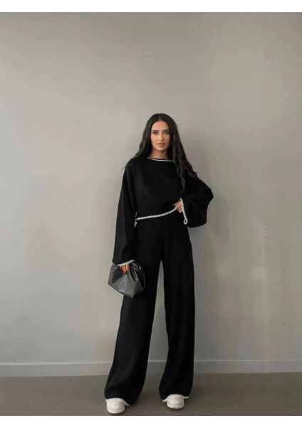 Kadın Fitilli Triko Takım – Geniş Paça Pantolon & Crop Üst – Rahat Kalıp fiyatları