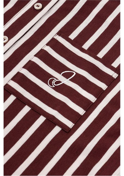 %100 Pamuklu Çizgili Gömlek Pijama Takımı / Bordo fırsatları