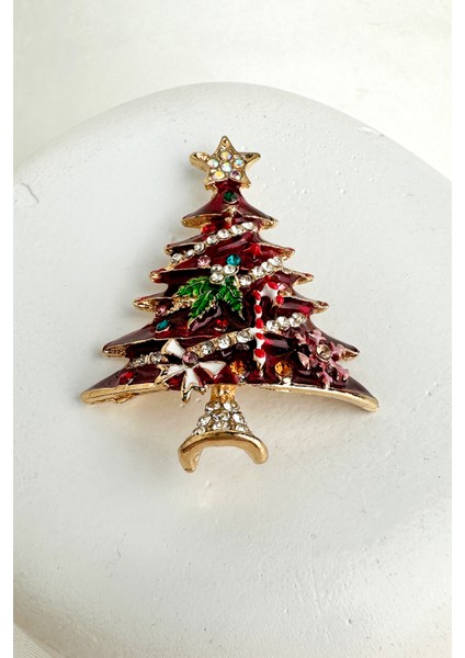 Yılbaşı Özel Taş Süslemeli Kırmızı Çam Ağacı Broş (6cm)