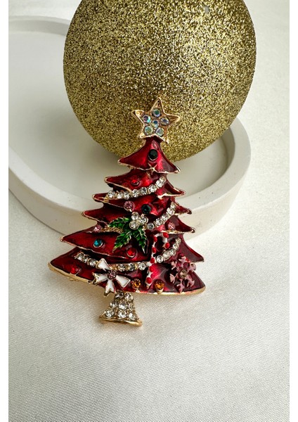 Yılbaşı Özel Taş Süslemeli Kırmızı Çam Ağacı Broş (6cm) modelleri