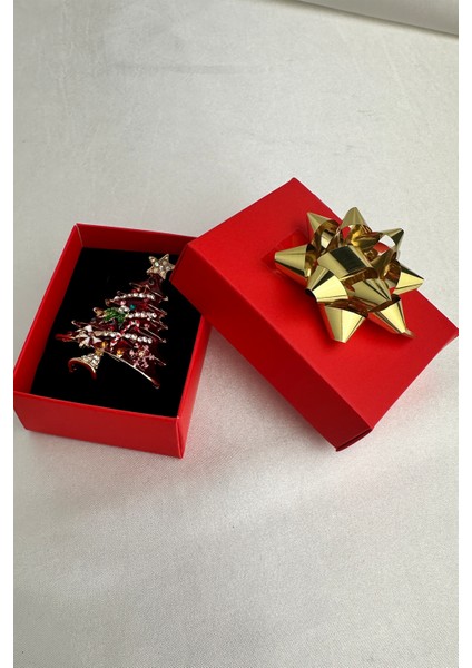 Yılbaşı Özel Taş Süslemeli Kırmızı Çam Ağacı Broş (6cm) fırsatları