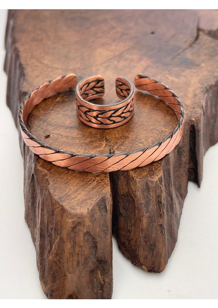 Ayarlanabilir %100 Saf Bakır Bileklik Bakır Yüzük Kombini El Yapımı Bileklik Yüzük