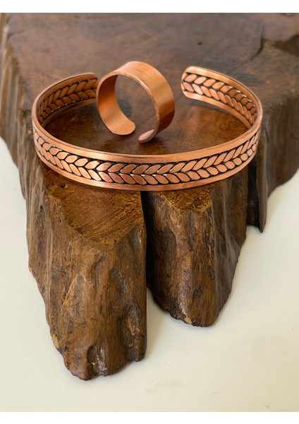 Ayarlanabilir %100 Saf Bakır Bileklik Bakır Yüzük Kombini El Yapımı Bileklik Yüzük