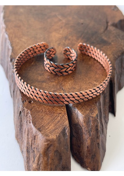 Ayarlanabilir %100 Saf Bakır Bileklik Bakır Yüzük Kombini El Yapımı Bileklik Yüzük