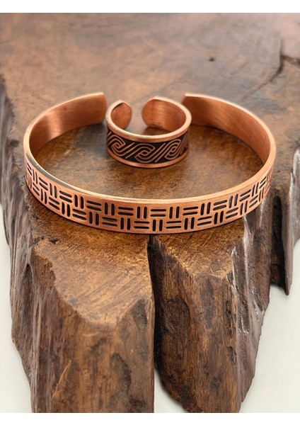Ayarlanabilir %100 Saf Bakır Bileklik Bakır Yüzük Kombini El Yapımı Bileklik Yüzük