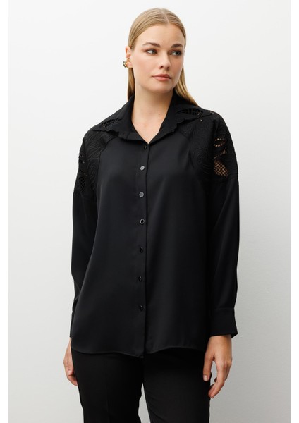 Moda Ilgi Kadın Nakış Detaylı Oversize Gömlek 0095 Siyah