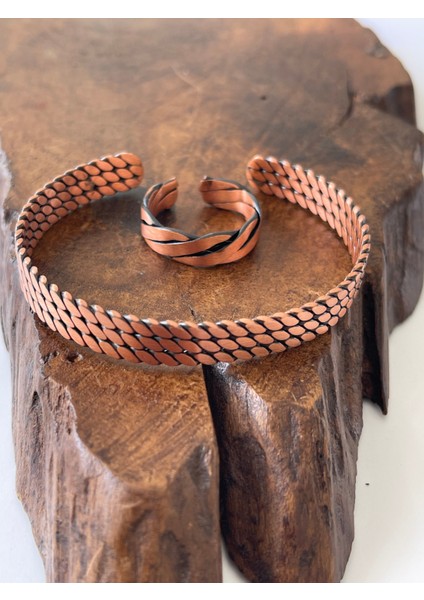 Ayarlanabilir %100 Saf Bakır Bileklik Bakır Yüzük Kombini El Yapımı Bileklik Yüzük