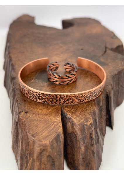 Ayarlanabilir %100 Saf Bakır Bileklik Bakır Yüzük Kombini El Yapımı Bileklik Yüzük