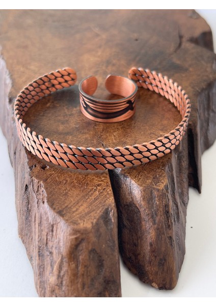 Ayarlanabilir %100 Saf Bakır Bileklik Bakır Yüzük Kombini El Yapımı Bileklik Yüzük