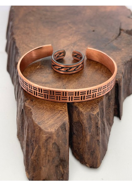 Ayarlanabilir %100 Saf Bakır Bileklik Bakır Yüzük Kombini El Yapımı Bileklik Yüzük