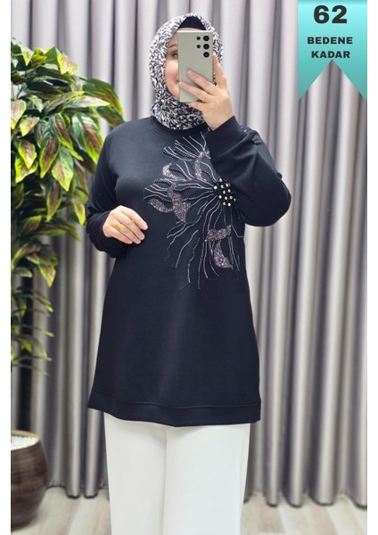 Kadın Giyim Büyük Beden Modal Taşlı Çiçekli Tunik