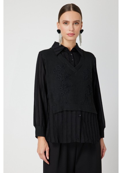 Kadın Işlemeli Çift Kumaşlı Bluz 60351 Siyah