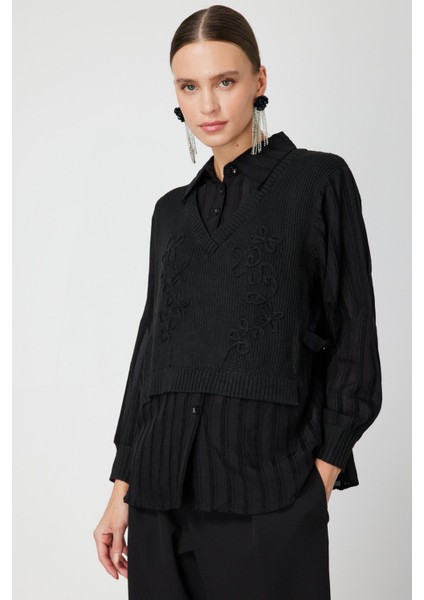 Kadın Işlemeli Çift Kumaşlı Bluz 60351 Siyah fiyatları