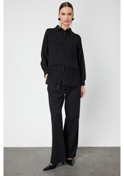 Kadın Işlemeli Çift Kumaşlı Bluz 60351 Siyah modelleri