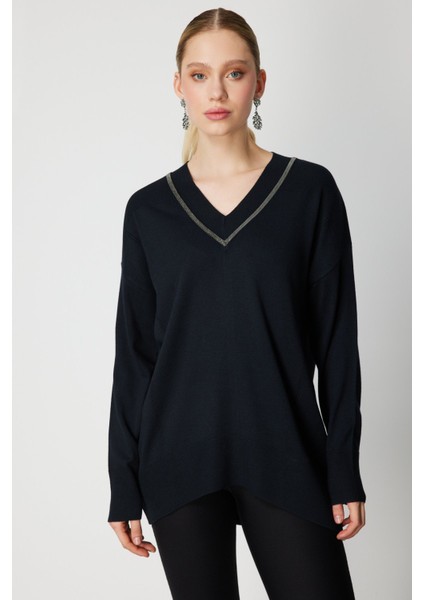 Kadın V Yaka Taşlı Triko Kazak 65311 Siyah