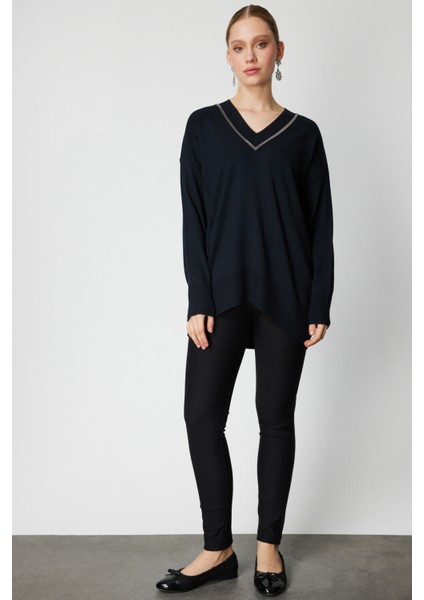 Kadın V Yaka Taşlı Triko Kazak 65311 Siyah modelleri