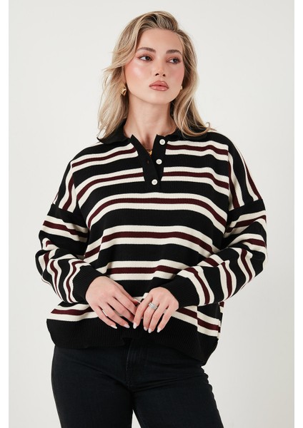 Çizgili Oversize Fit Düğmeli Polo Yaka Kazak Bayan Polo Yaka Kazak 4615259
