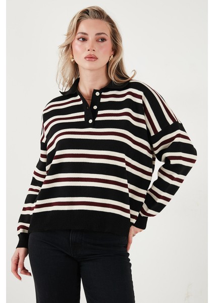 Çizgili Oversize Fit Düğmeli Polo Yaka Kazak Bayan Polo Yaka Kazak 4615259