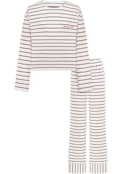 Pamuklu Çizgili Uzun Kollu Pijama Takımı / Bordo