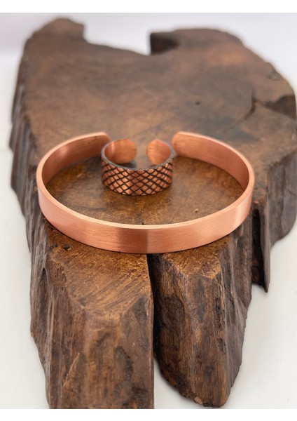 Ayarlanabilir %100 Saf Bakır Bileklik Bakır Yüzük Kombini El Yapımı Bileklik Yüzük