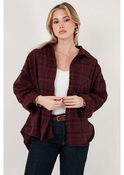 Ekoseli Pamuklu Oversize Fit Klasik Yaka Gömlek Bayan Gömlek 6835002